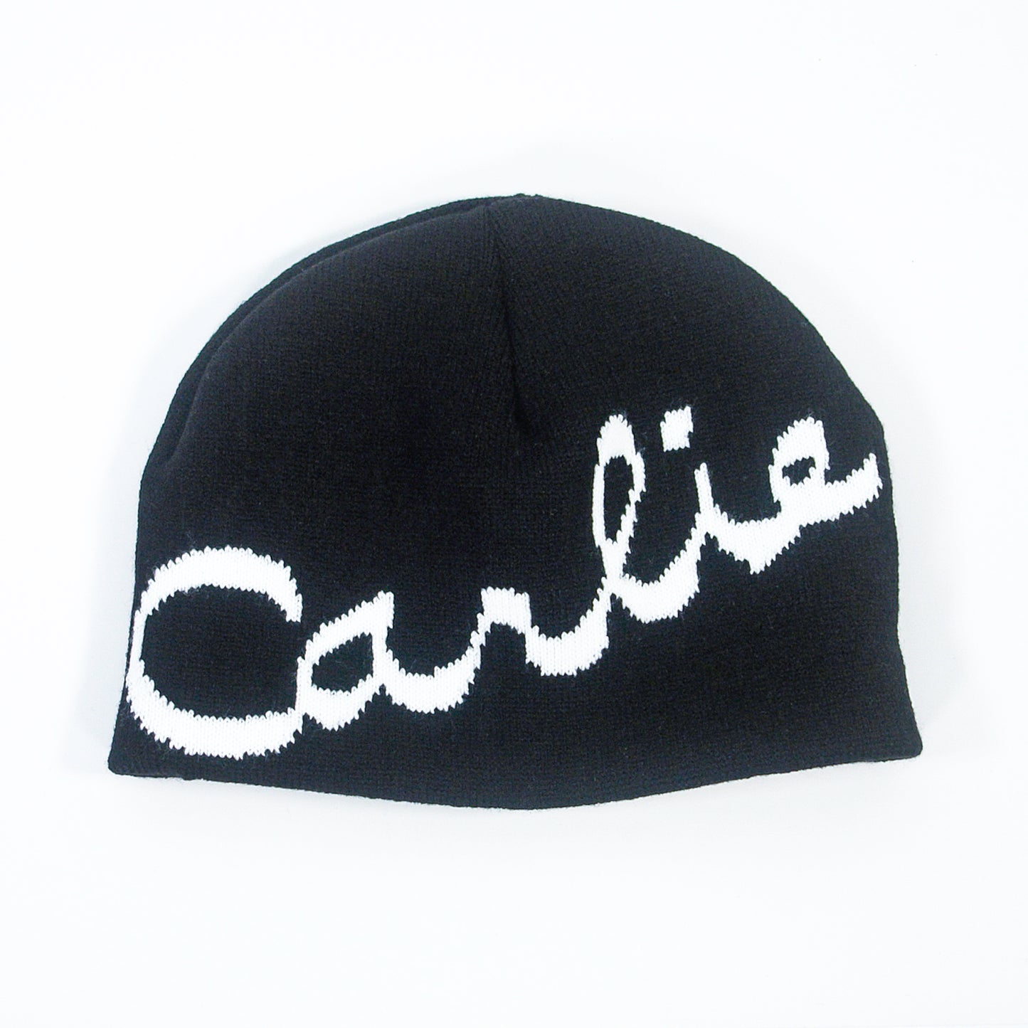 The Carlie - Black Beanie features the name "Carlie" in large, white cursive letters written diagonally across the front.