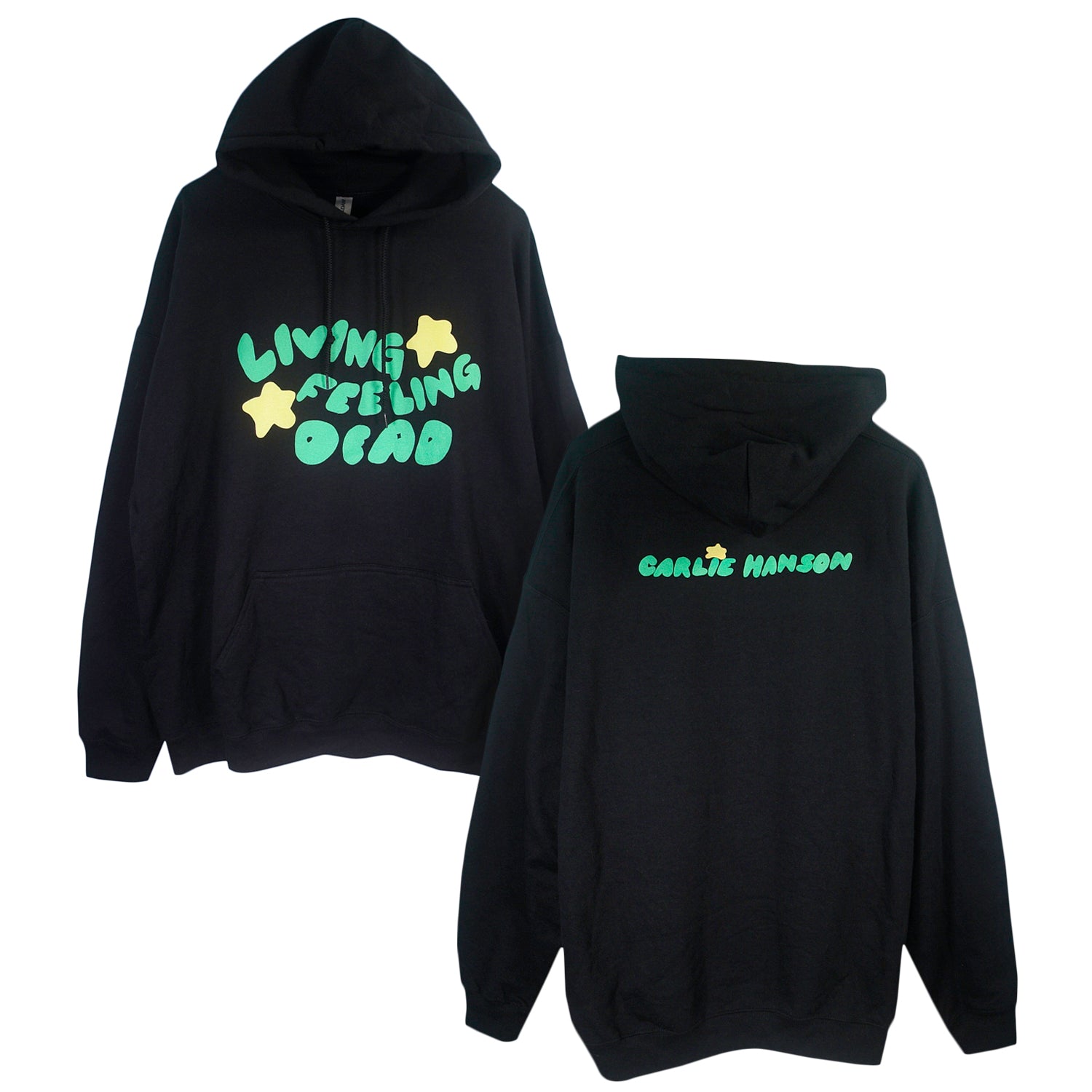 The Living Feeling Dead - Black Pullover is shown front and back. The front has green bubble letters with yellow stars saying Living, Feeling, Dead. The back shows green GARLIC HANSON text and a yellow star above. Style code: 608.