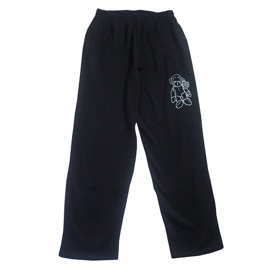 The CH Beanie Baby Black Sweatpants are fleece cotton-polyester pants with an elastic waistband, deep pockets, and a simple white bear outline on the upper left thigh.