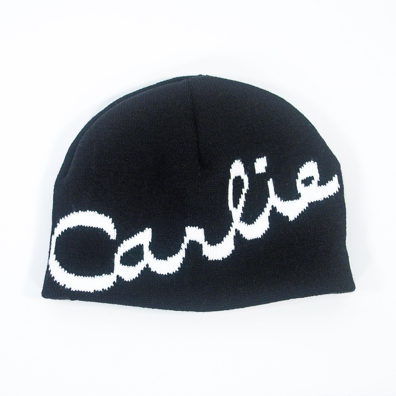 The Carlie - Black Beanie features the name "Carlie" in large, white cursive letters written diagonally across the front.